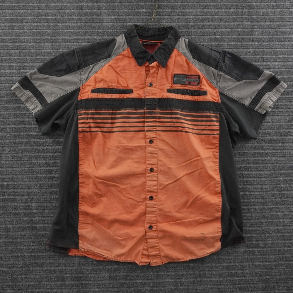 Harley-Davidson Button Up Shirt Mens 2XL Orange Black Racing Performance Stripe